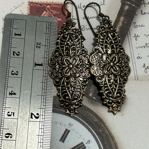 Gothic Renaissance Festival Steampunk Brass French Stamped Long Fancy Earrings - Picture 2 of 4
